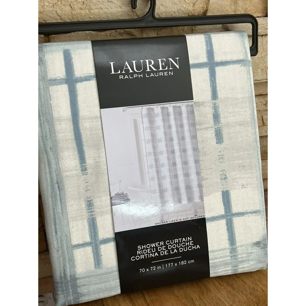 New Ralph Lauren Shower Curtain Watercolor Check Blue White Geometric Cotton